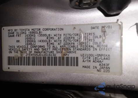 2001 Toyota Land Cruiser z USA, uszkodzony, nr VIN JTEHT05J012016132